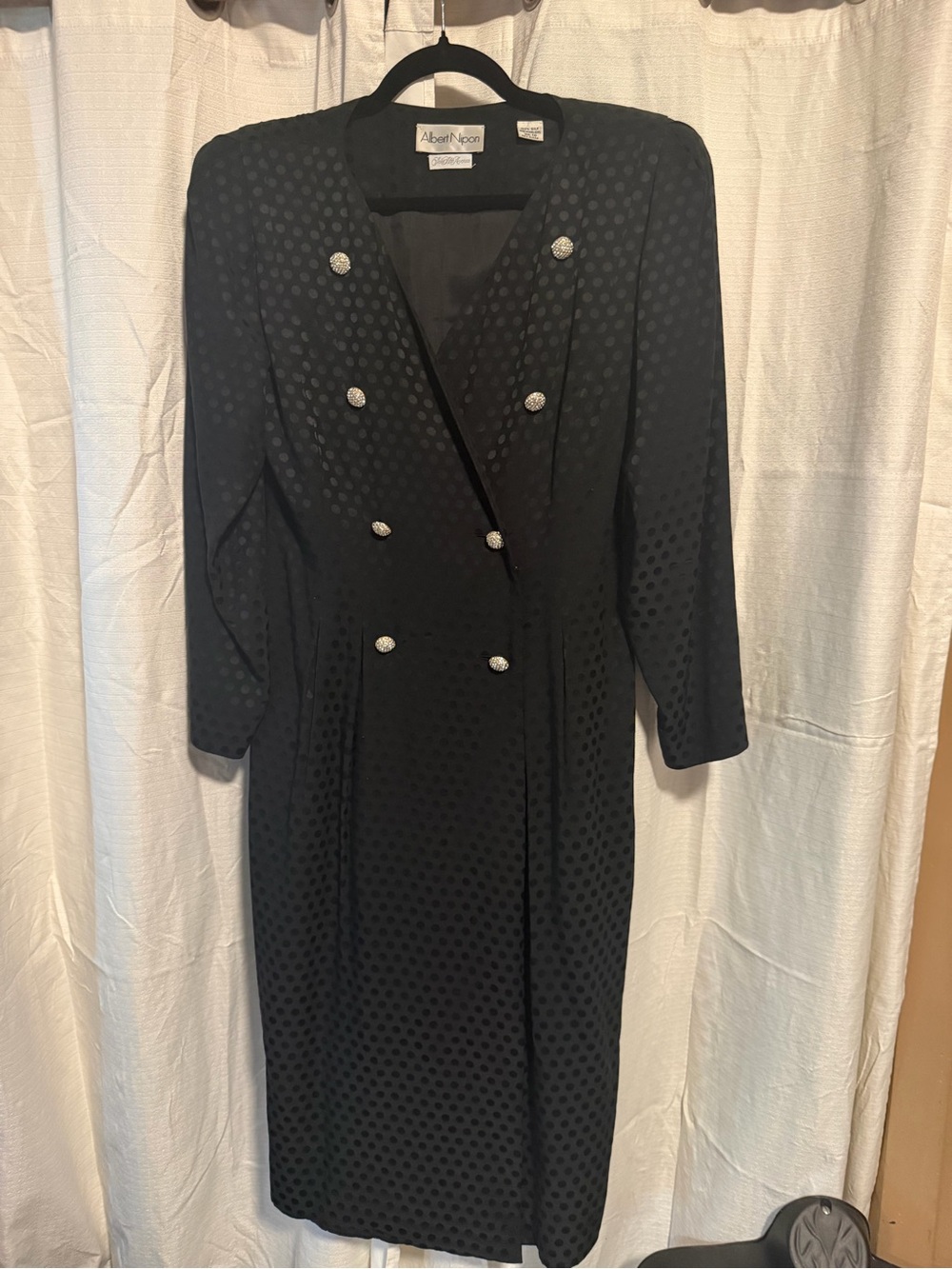 Vintage 1980’s Albert Nipon Black Polka Dot Double-Breasted Midi Dress 100% Silk
